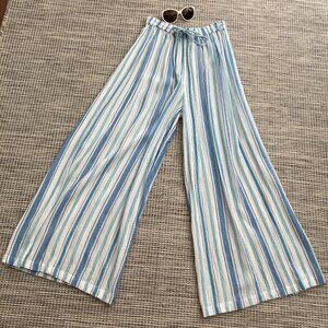 India Boutique Blue White Striped Drawstring Wide Leg RayonPant  Free Size